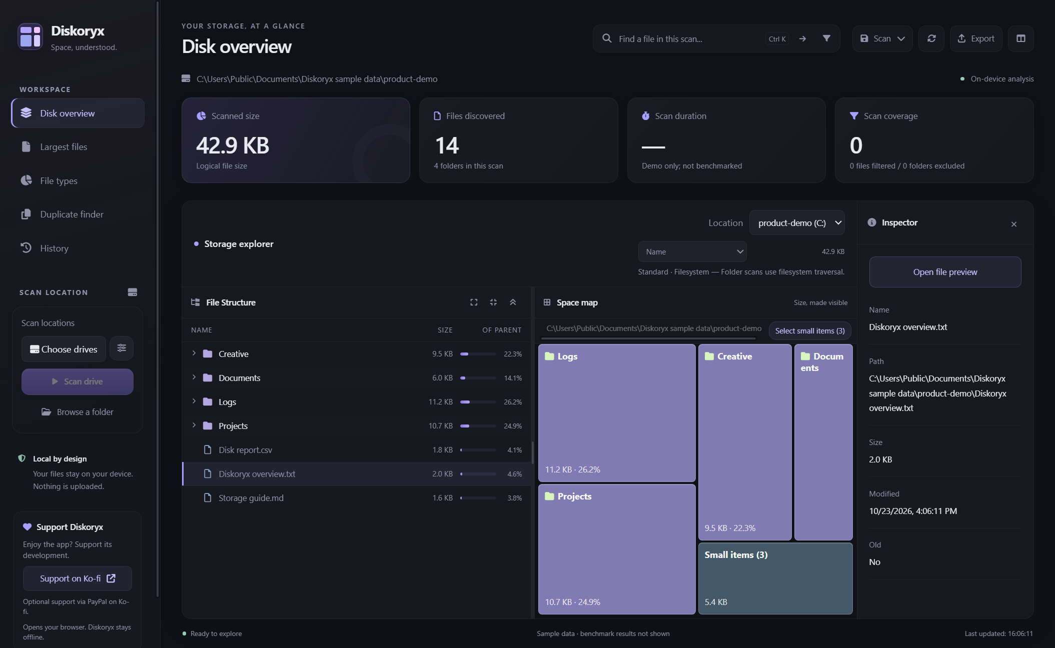 Diskoryx desktop app in dark appearance with a sample file tree, space map and Inspector